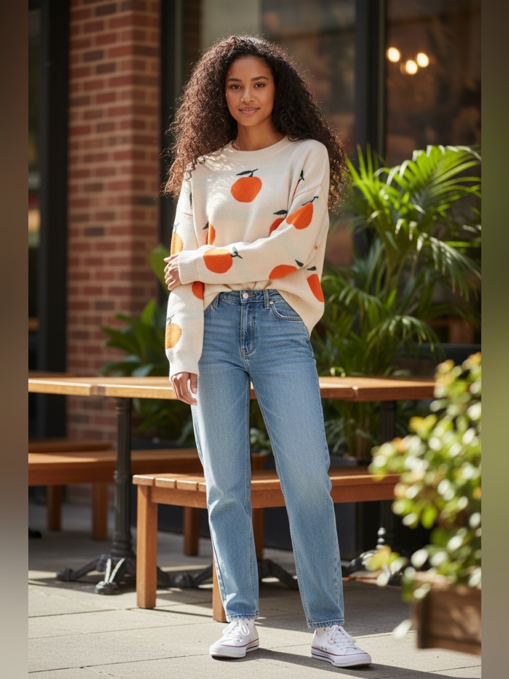 Moon & Madison Cream & Orange Fruit Print Cropped Sweater - Size Medium